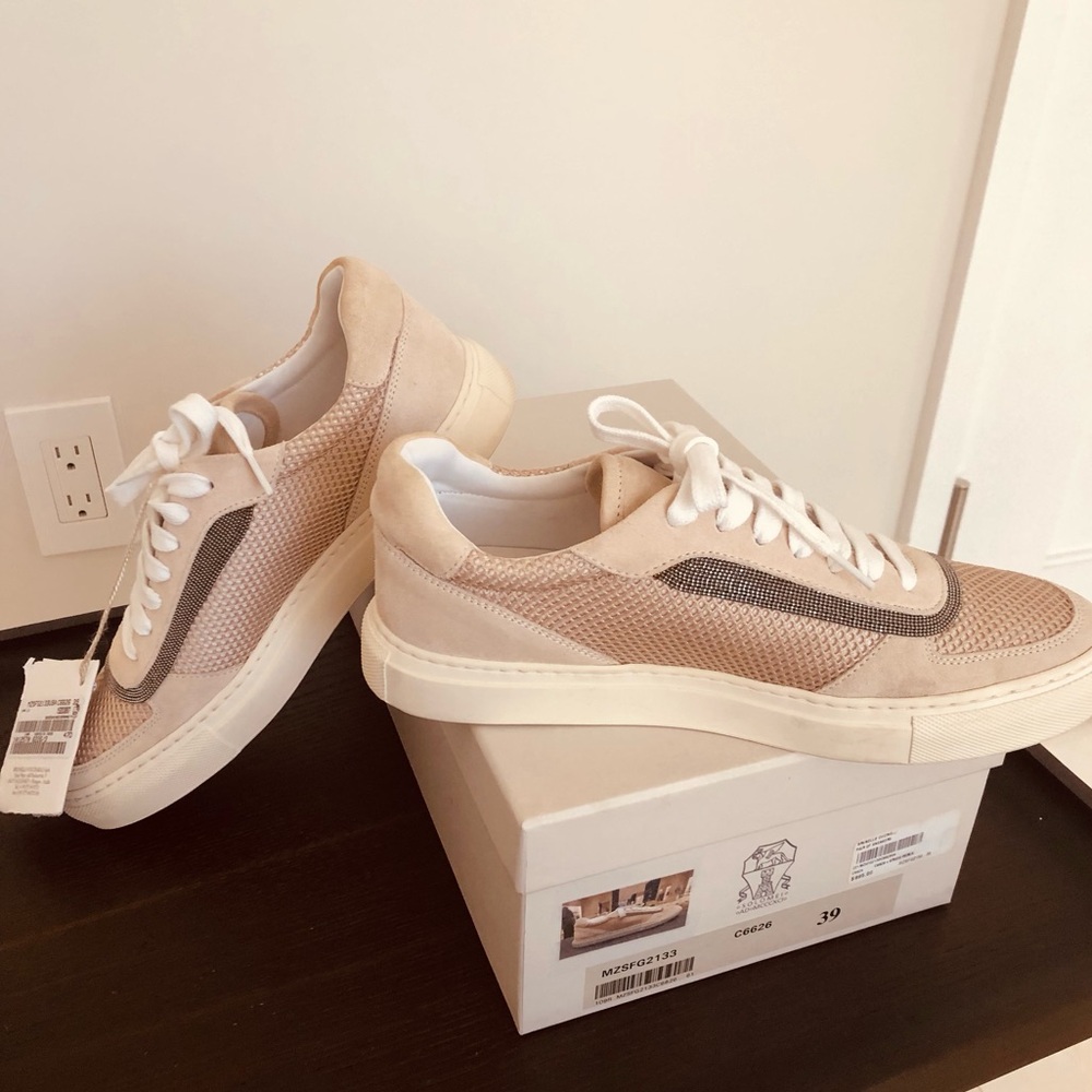 GIFTABLE Brunello Cucinelli Beige and White Mesh Lace-Up Sneakers. Size 39